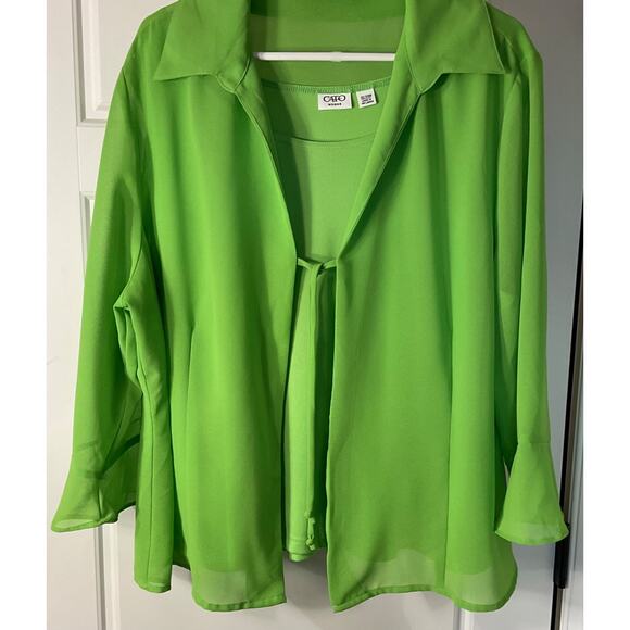 Cato Lime Green 2pc Semi Sheer Tie Front Blouse W/Tank Party Career 22/24 - Picture 1 of 11
